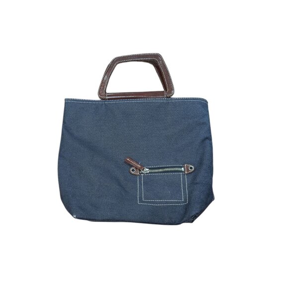 Fossil No. 54 Vintage Y2K Blue Denim Brown Leather Trim Small Tote Handbag Purse - Picture 2 of 11